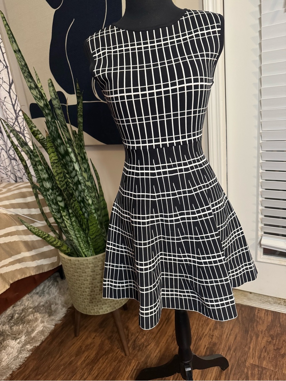 Zara Woman Black and White Windowpane Knit Dress